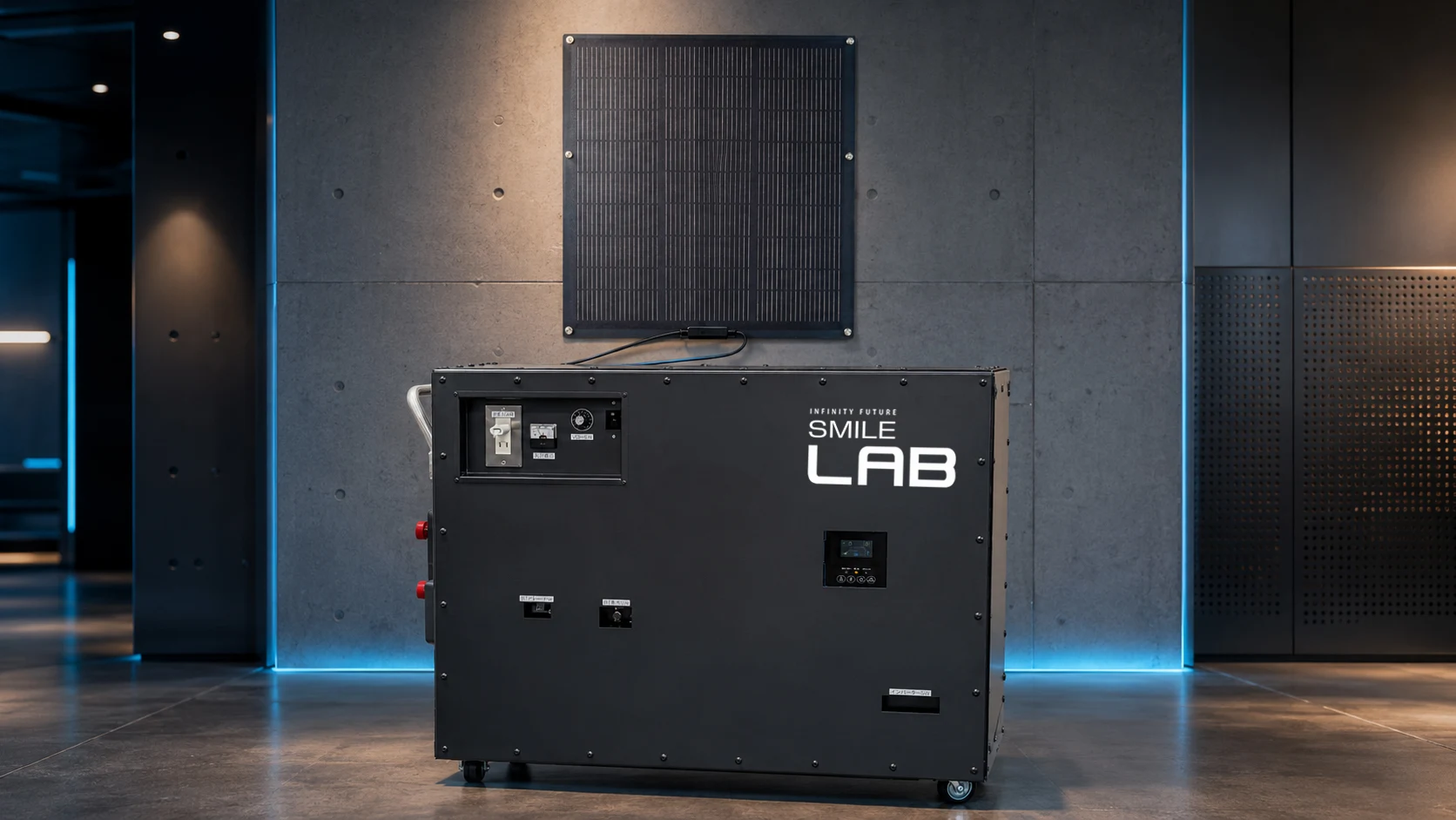 無限∞発電装置『無限』の機械本体と壁面ソーラーパネル